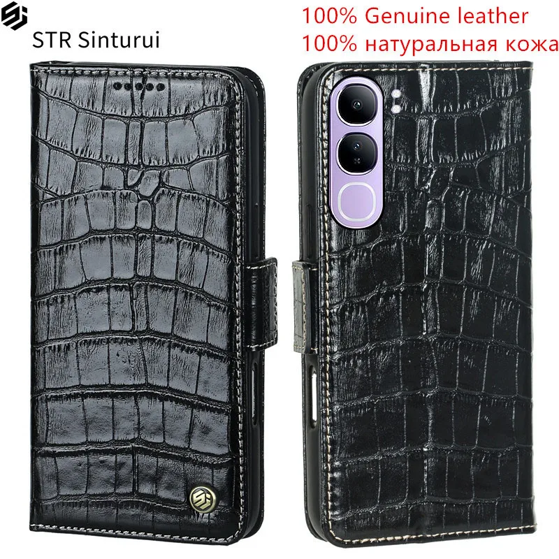 

STR Genuine leather crocodile grain card Slot Wallet Cover For vivo V40 V30 Lite ME IDN Pro SE V40e V30e shockproof phone Case