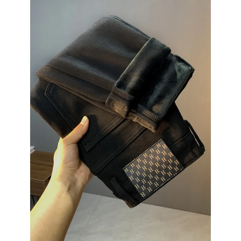 Black Jeans Men's Fleece-Lined Thickened Winter Warm Stretch Simple Slim Fit Comfortable All-Match Office High-End Pants