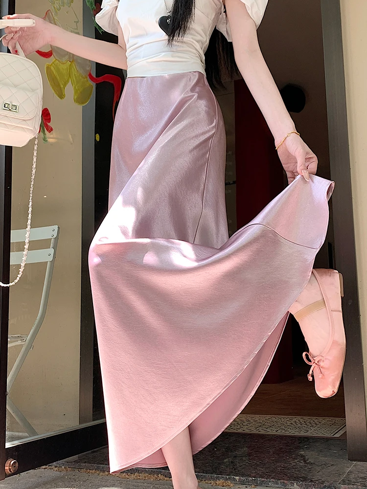 Elegant A-Line Long Skirt Women's High Waist Fish Tail Skirt Summer Slimming Wrap around Skirt Draping Satin Fabric Commute S...