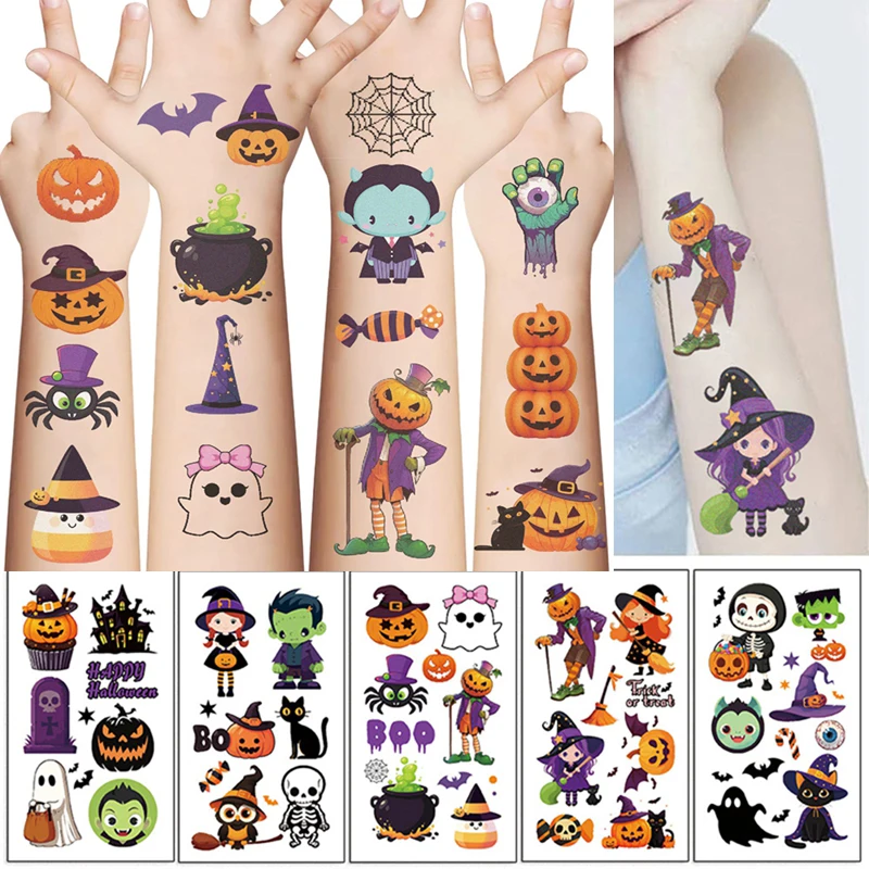 10PCS Pumpkin Halloween Decor Kid Tattoo Sticker Scary Bat Ghost Waterproof Temporary Tattoo Body Art Makeup Children Gift Favor