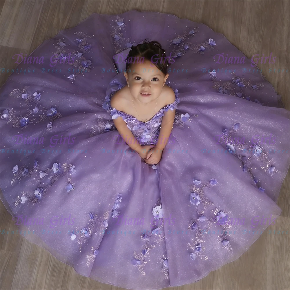 Quality Lovely Pearl Sequins Lavender FLuffy Flower Girl Dress Gorgeous Applique for Wedding Birthday Party Evening Ball Gowns