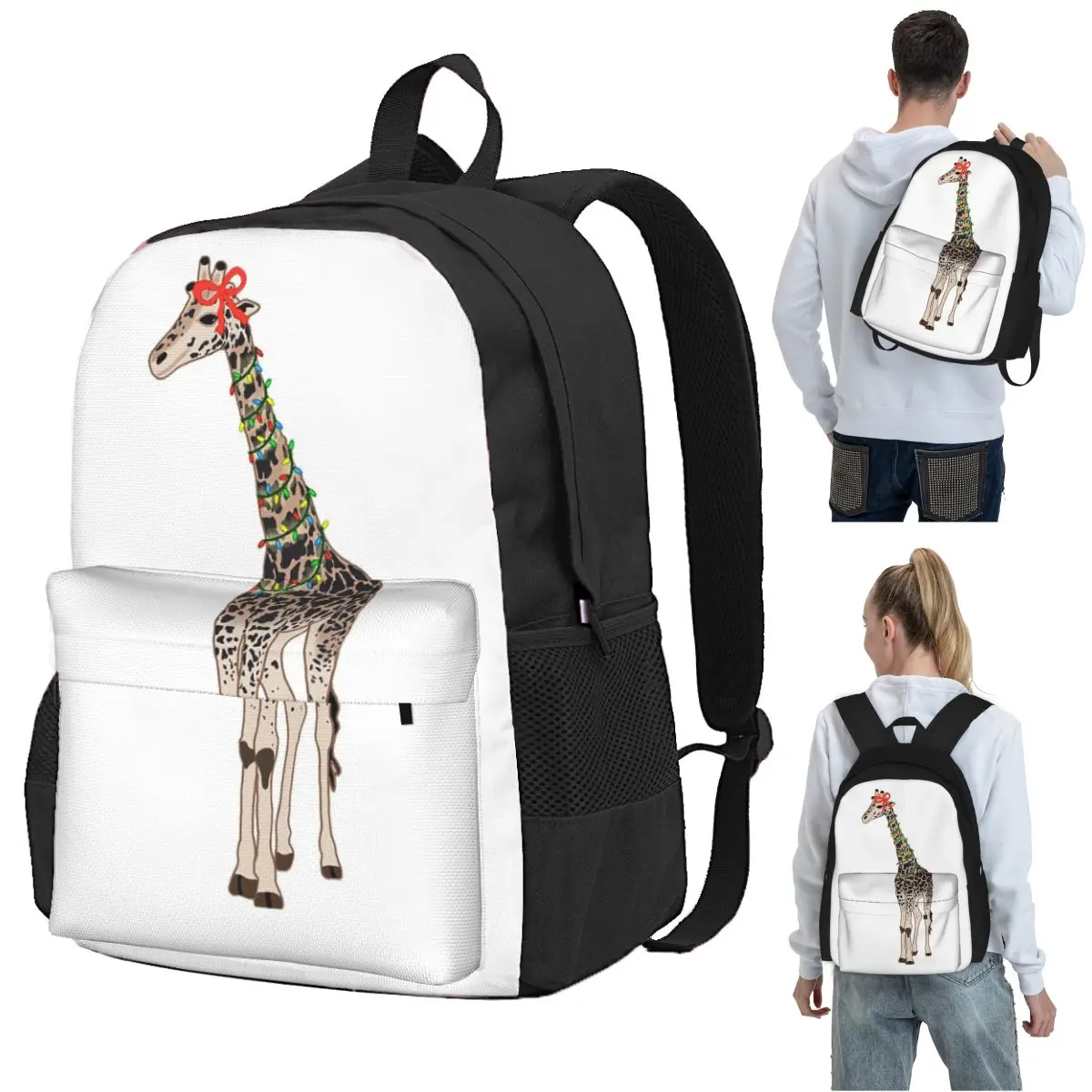 

Christmas Giraffe With String Lights Backpack Student BookBag Children School Bag Computer Shoulder Bags for Men Women
