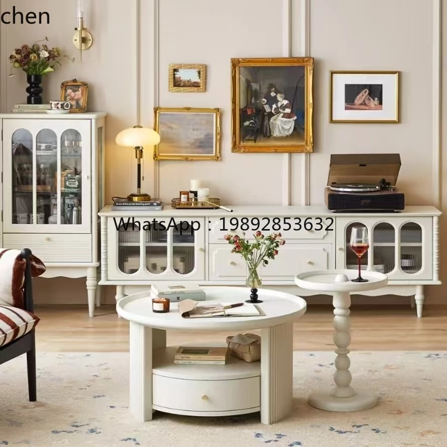

retro cream wind TV cabinet coffee table solid wood small side table simple entrance table