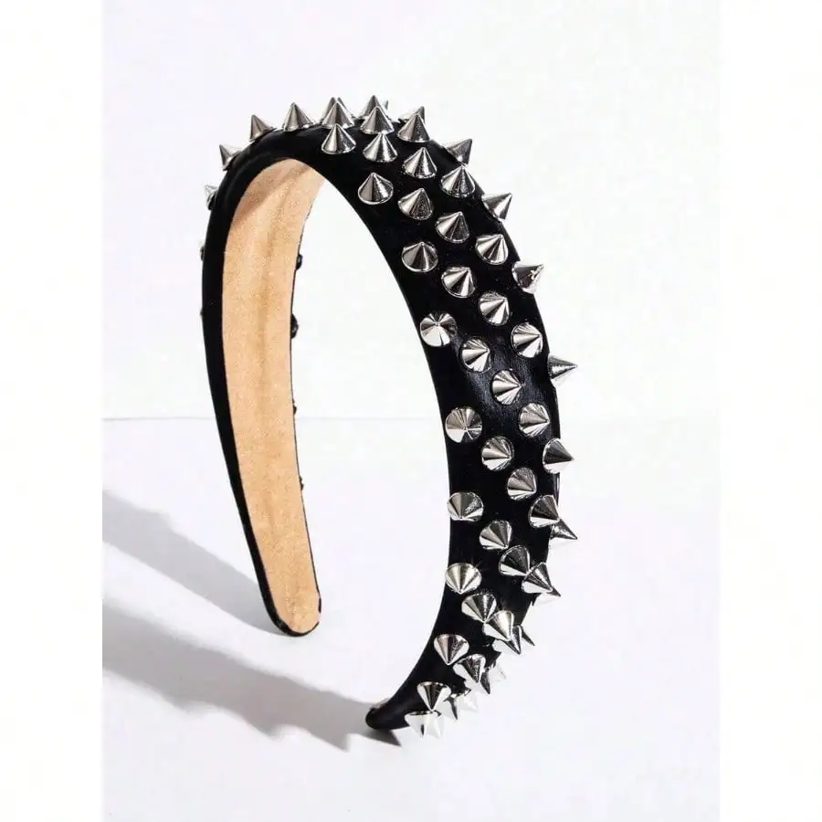 

1PC Punk Studded Leather Headband - Solid Black Simple Design Hair Hoop for Sweet Cool Streetwear