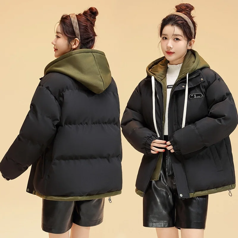 

New Women's Thickened Knitted Cotton down Jacket Winter Fashion Loose Fit Hat Design Short Style Two-Piece Simulation Clothing