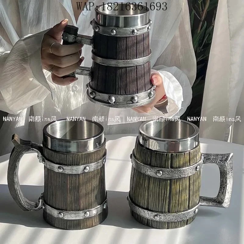 Simulation wooden barrel beer cup creative stainless steel water cup