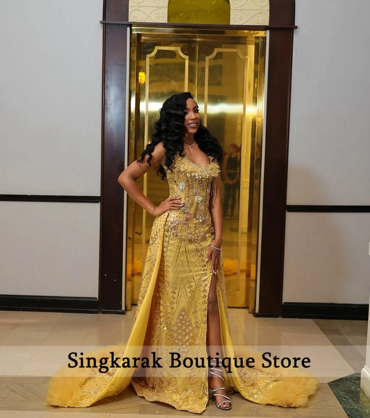 

Stunning Yellow Slit Beaded Mermaid Prom Gown with Detachable Train Wedding Party Gown Diamonds Customized