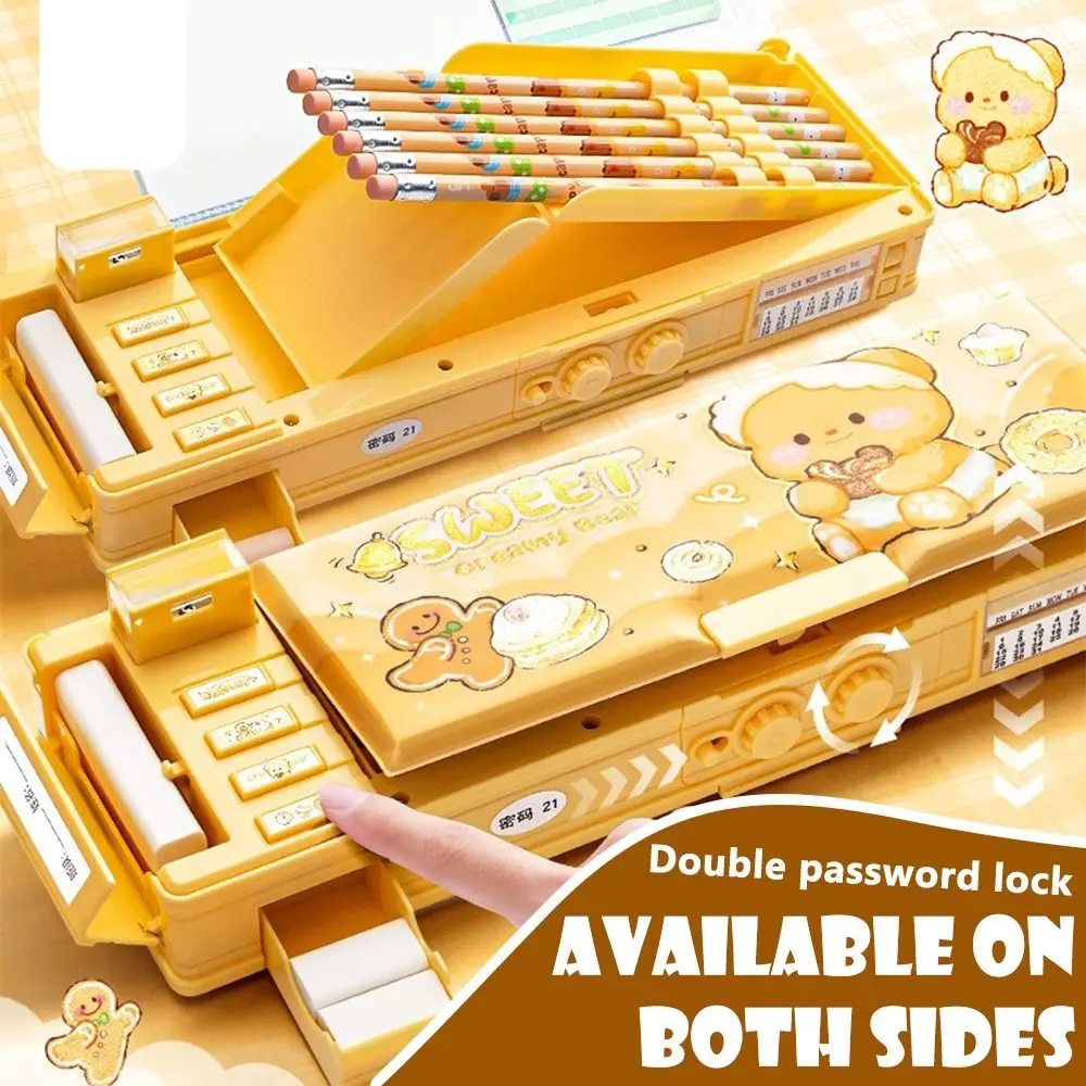 Cartoon Double Layer Pencil Case Large Capacity with Combination Lock Mechanical Pen Box Stationery Box Students