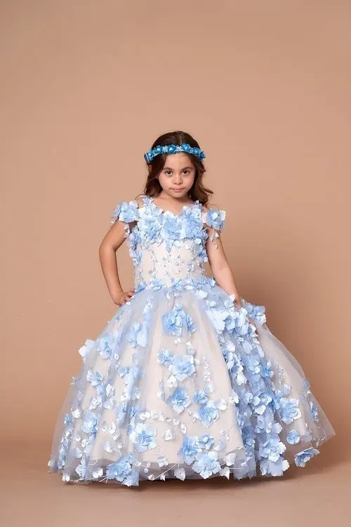 Blue Mini Quinceanera Dresses Mexican Ball Gown Tulle Floral Flower Girl Dresses For Weddings Pageant Dresses Kids Baby