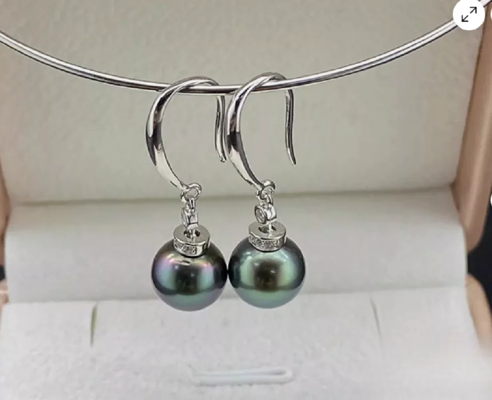 

Customized Jewelry AAAA+ 9-10mm Natural Tahitian Round Black Green Pearl Earrings 925s
