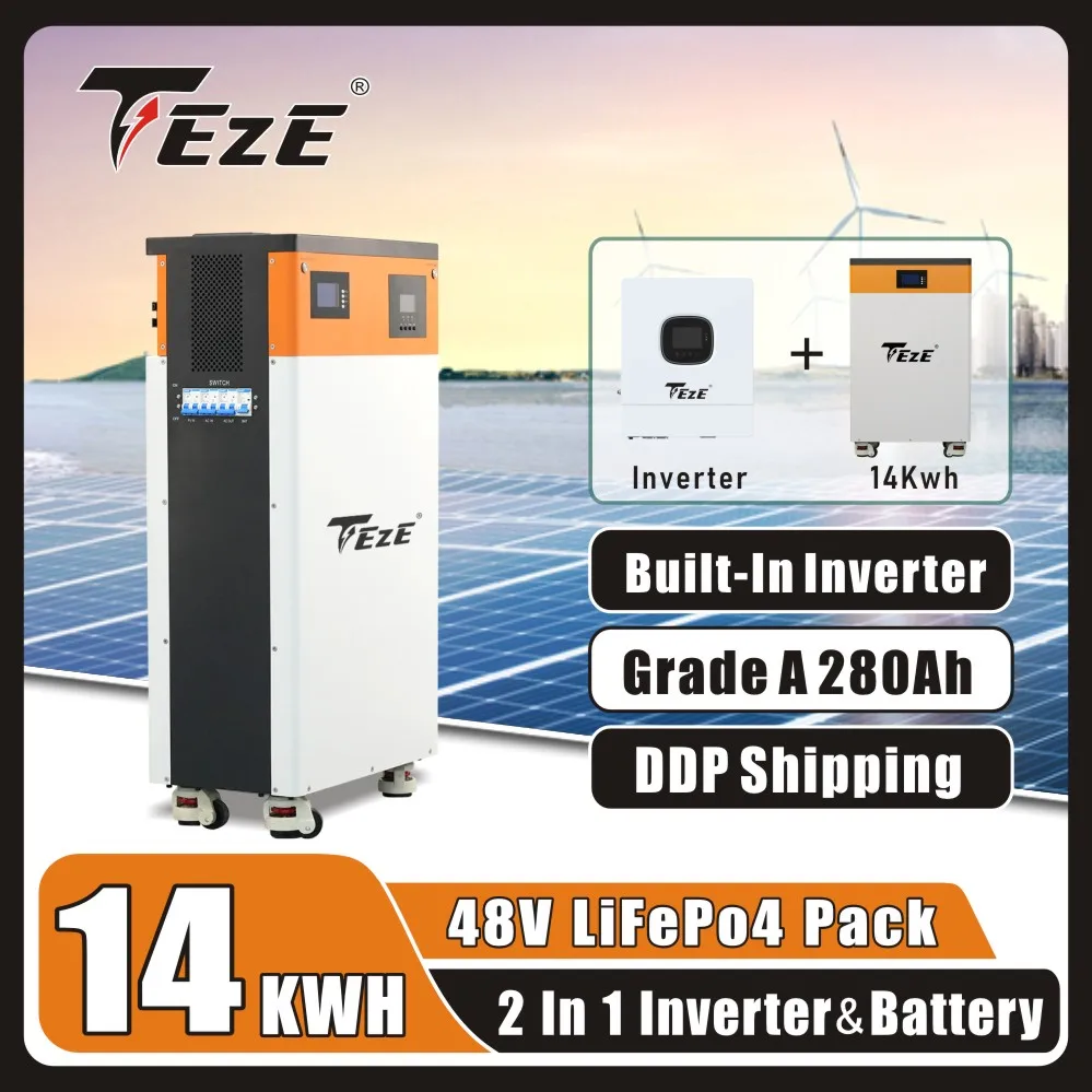 TEZE ALL In One 14KWh 48V 280AH LifePo4 Battery Built-in 5 kW inverter with 220 V AC output Powerwall Home Storage MPPT ESS