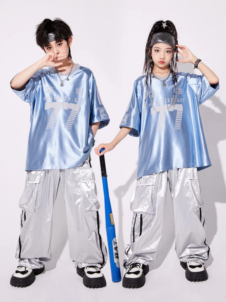 

Детский хип-хоп костюм: ретро-синий свитшот с надписью, блестящий комбинезон для уличных танцев, костюм для джазовых танцев для девочек, сценический костюм для мальчиков