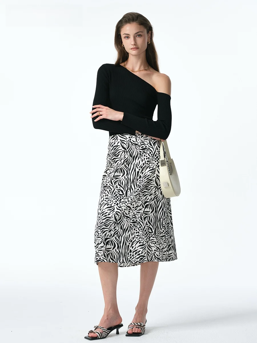 

AUREAL 2025 New Advanced Zebra Pattern Silk Satin Half Skirt Women's Long Skirt Early Autumn Casual Style mid Waist A-Line Skirt