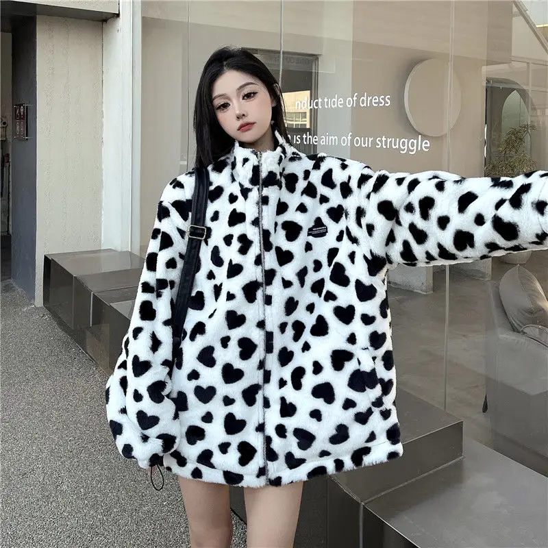 가을 겨울 여성 인스타그램 하트 모양 플러시 두꺼운 재킷 양면 가죽 코트 트렌디 아메리칸 레트로 스타일