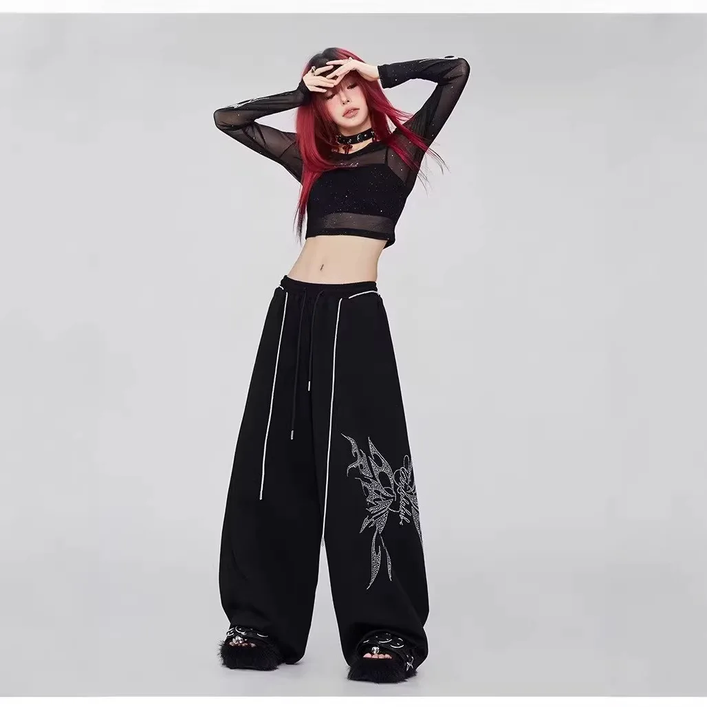 Y2K Gothic Butterfly Print Wide Leg Pants Women Baggy High Waist Drawstring Streetwear Trousers