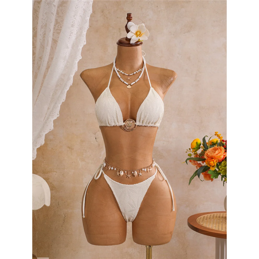 Mit Sarong-Blättern bedruckter Neckholder-Bikini, Damen-Badeanzug, dreiteiliges Bikini-Set, Badebekleidung, Badeanzug, Schwimmanzug V8367 – Detail 17