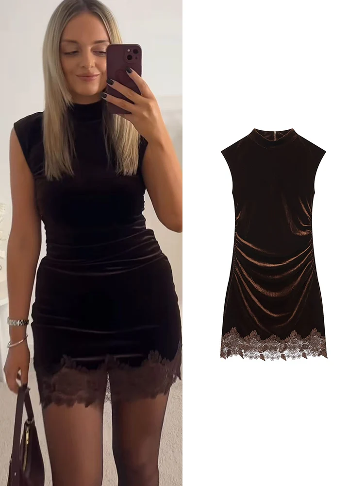 TFMLN ชุดมินิเดรสผู้หญิงฤดูใบไม้ร่วงใหม่แขนกุดผ้ากำมะหยี่แต่งลูกไม้เดรสสั้นหรูหราคอสูงครึ่งตัวแฟชั่นเดรสทรงเข้ารูป