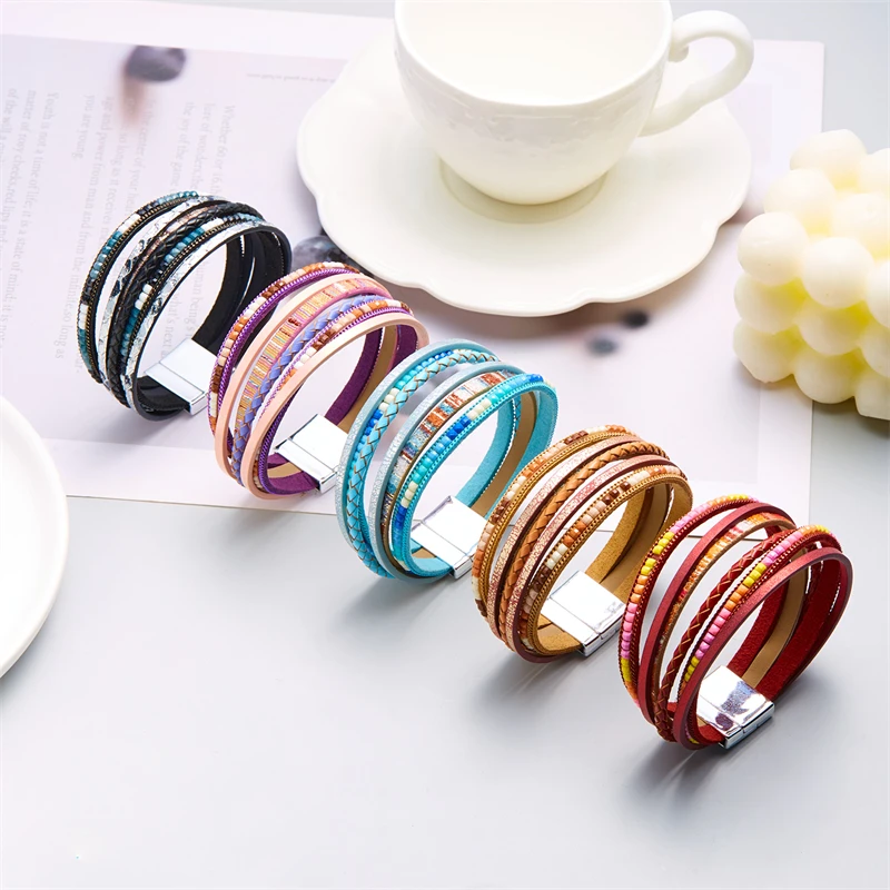 New Woven Multi Layer Leather Bracelet for Women Colorful Braided Rope Cuff Bracelet Wristband Bangle Jewelry Gift Wholesale