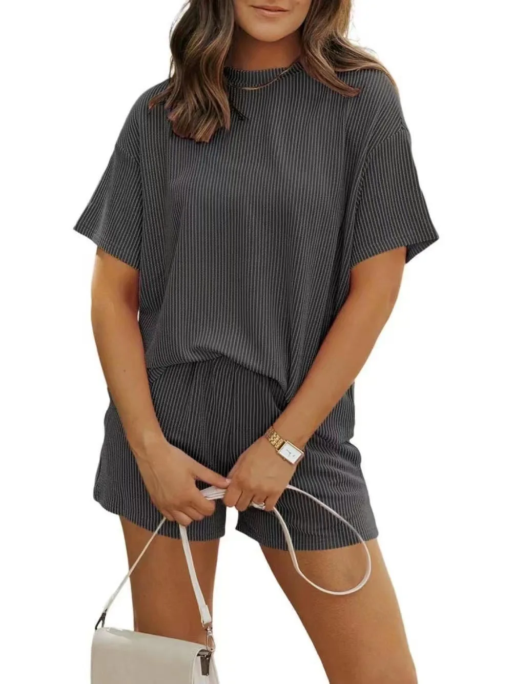 

Summer Solid Color Short Sleeved Casual Fashion Striped New Round Neck Women's Suit 2026