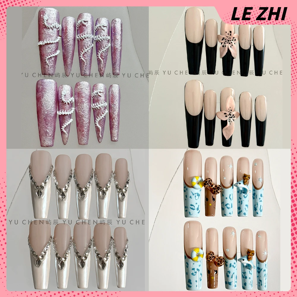 

High Quality Spice Girl Hello Kitty Handmade Press On Nails Snake Bone Diamond Flowers French Long Coffin Stiletto Fake Nail