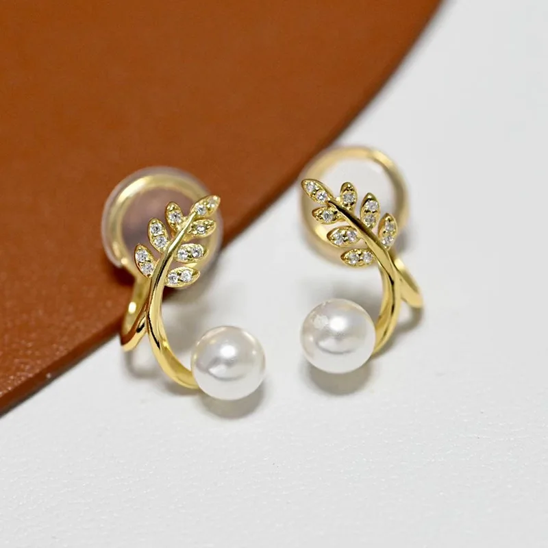 

MeiBaPJ 6,5-7 мм натуральный белый круглый жемчуг модный лист клипса для ушей серебро 925 пробы изящные свадебные украшения для женщин