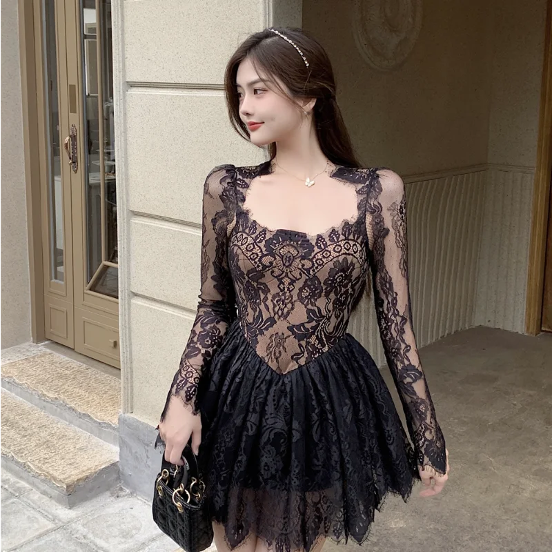 Ezgaga Square Collar Lace Mesh Patchwork Sexy Dresses Women High Waist Clubwear Long Sleeve Bodycon Ball Gown Dress Lady Fashion