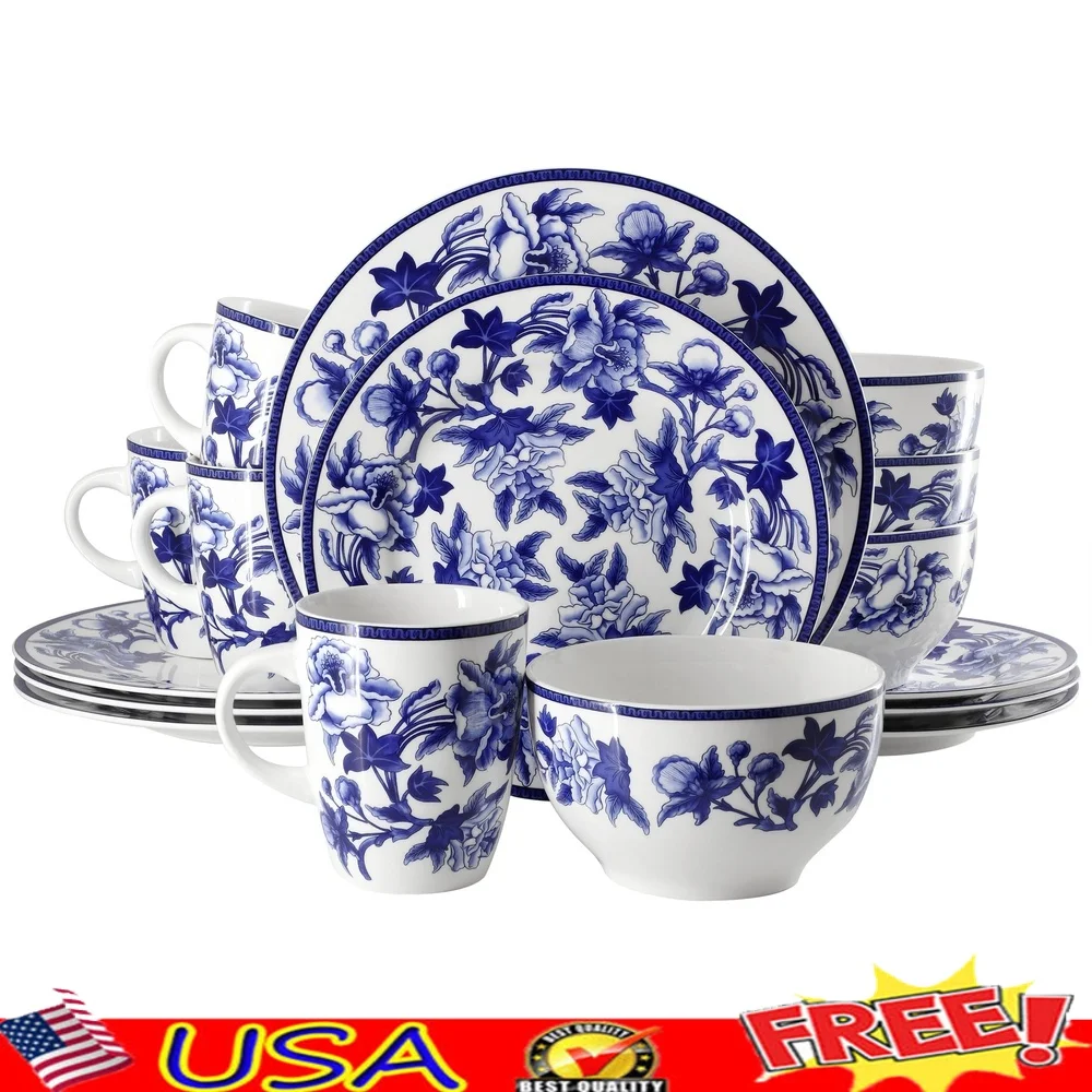 

16 Piece Round Porcelain Dinnerware Set Cattleya Orchid Floral Design Dishwasher Microwave Safe Service 4 Elegant Tableware