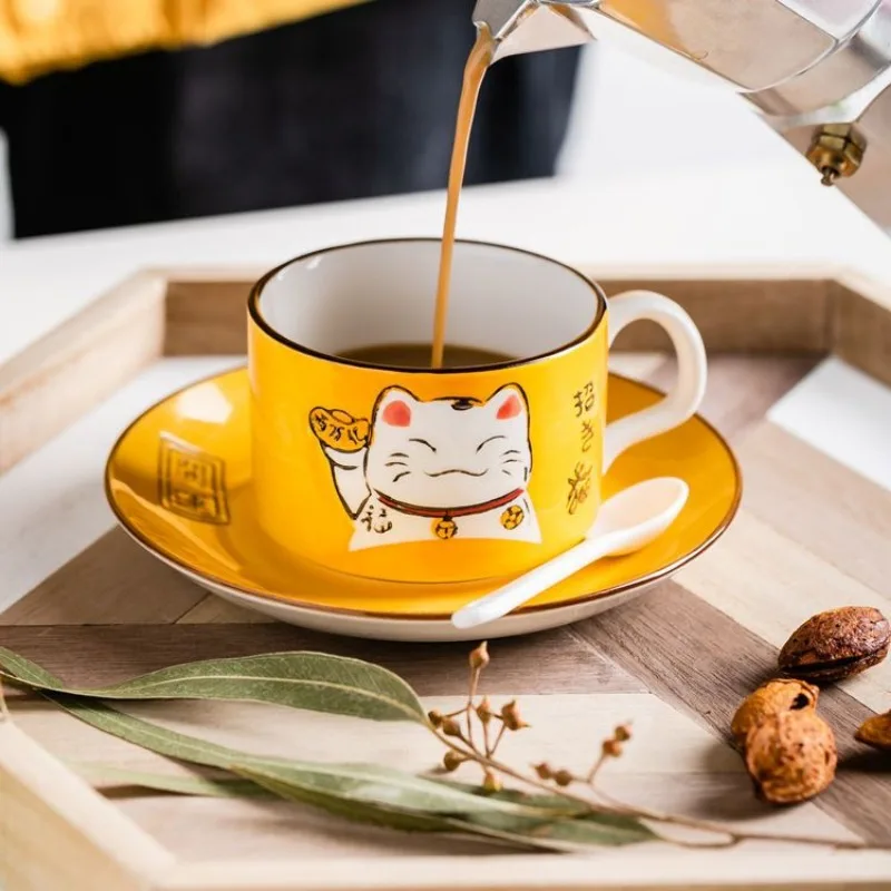 

Coffee Cup Waterware Lucky Cat Dish Saucer Spoon Set Gift Box Japanese Green Handle Cartoon Tea Drinkware Home Kitchen Supplies
