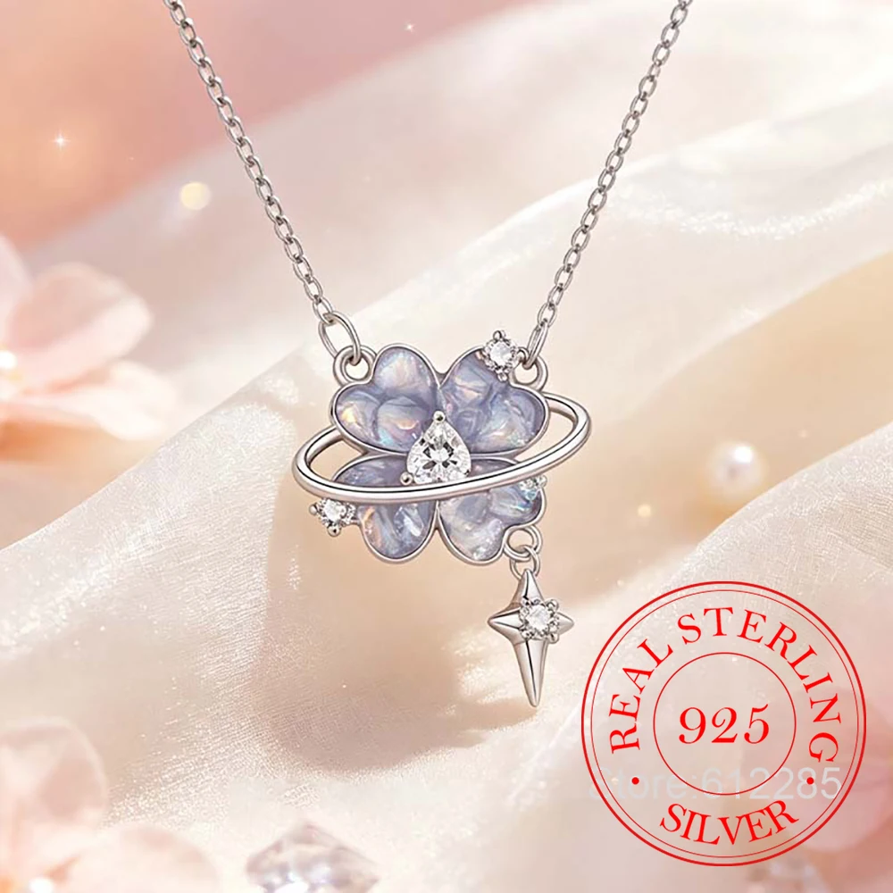 925 Sterling Silver Jewelry Crystal Lucky Plants Tassel Pendant Necklace for Women Wedding Party Jewelry for Girls Friends Gift