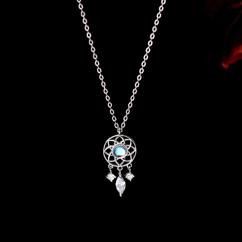 925 Sterling Silver Tassel Moonstone Dreamcatcher Charm Necklace for Women Creative Pendant Elegant Party Jewelry