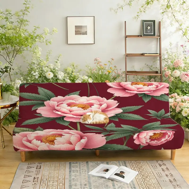 

Чехол для дивана-кровати из эластичной ткани с принтом розовых пионов и зеленых листьев, элегантный винтажный цветочный узор.