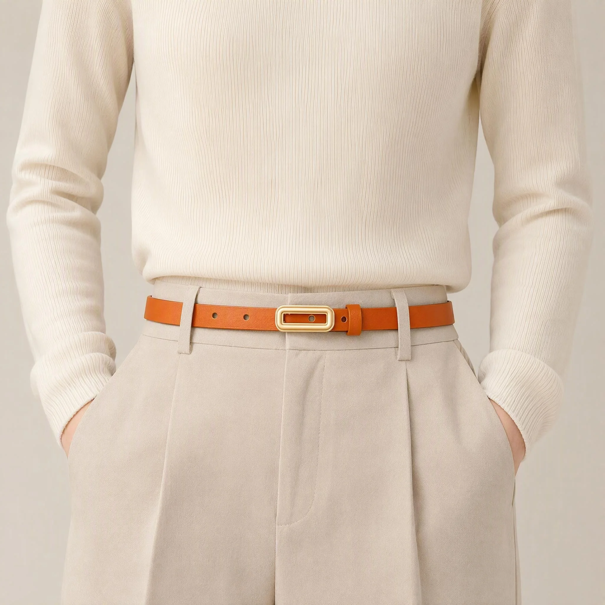 Women 1.4cm Thin PU Leather Belt Matte Gold Hollow Rectangular Buckle Slim Waist Strap for Suit Dress Jeans