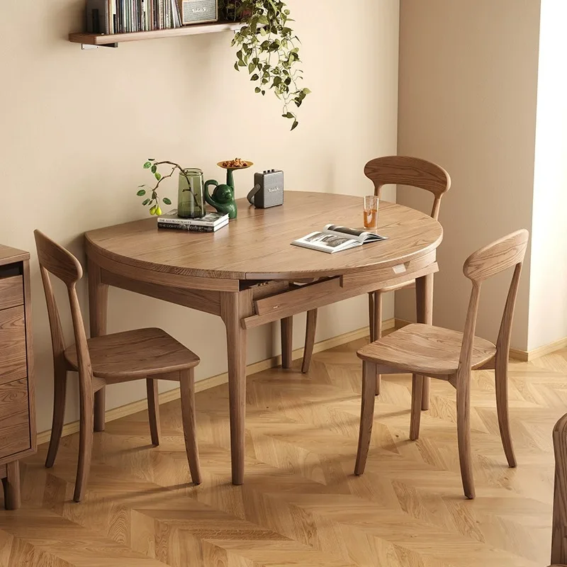 

Ash wood all solid wood dining table multi-functional household folding telescopic round table modern chair combination
