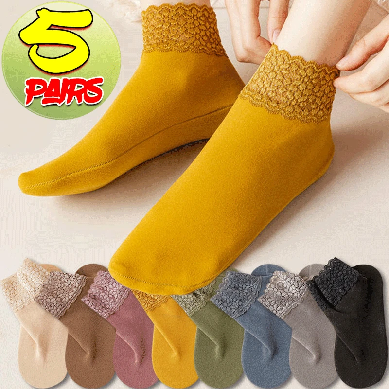 1/3/5pairs Women's Velvet Floor Socks Mid-tube Non-slip Cotton Sock Super Soft Lace Short Sock Solid Color Breathable Boat Sock