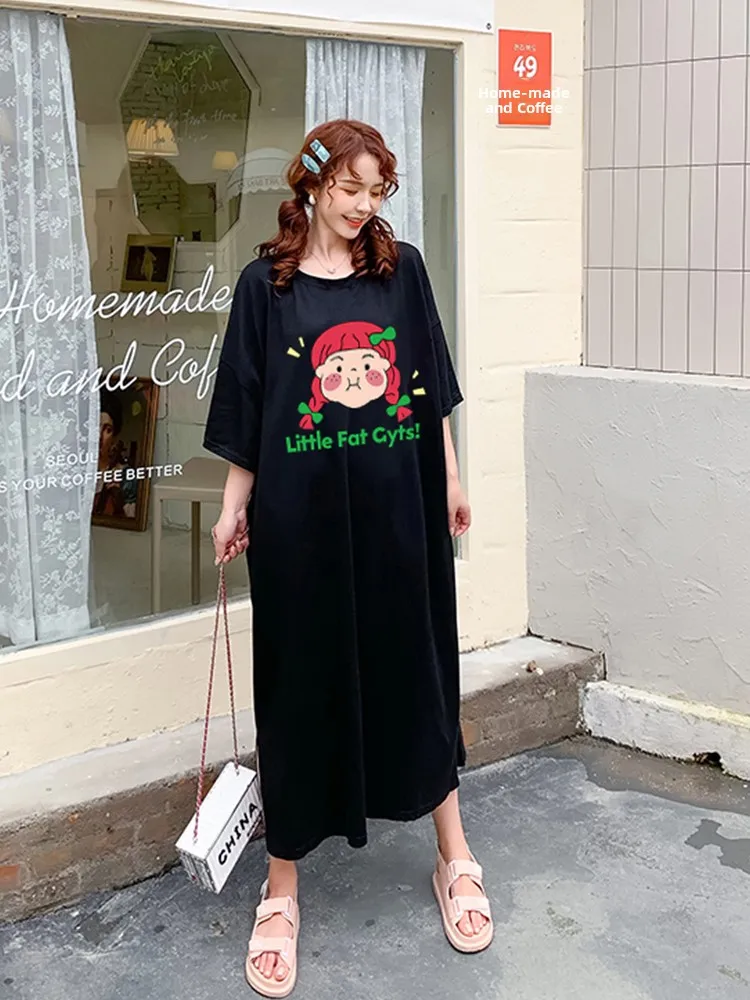 캐주얼 코튼 여름 드레스 여성의 느슨한 티셔츠 스타일 홈웨어 긴 무릎 길이 게으른 소녀 드레스 편안한 플러스 사이즈