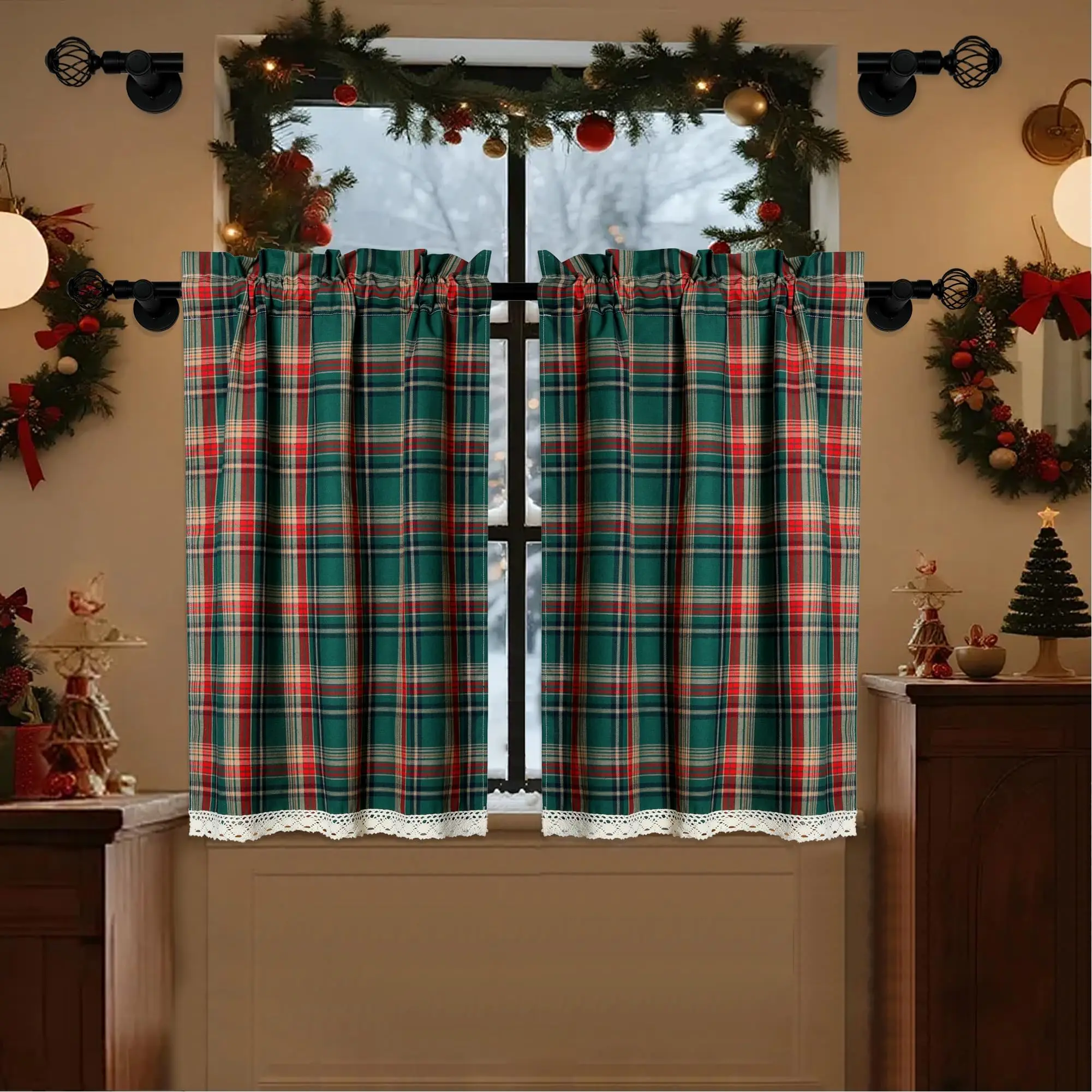 

Christmas Plaid Curtains, Scottish Tartan Xmas Decorative Window Curtain Farmhouse Semi-blackout Drapes for Kitchen Living Room