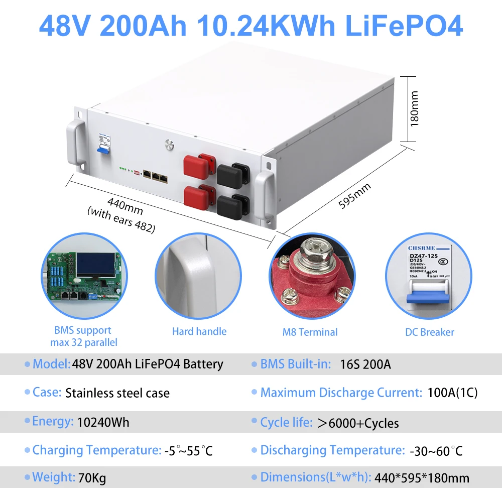 48V 10KW 200Ah LiFePO4 Battery 51.2V 100AH 150AH＞6000 Cycles CAN RS485 Bluetooth 100A BMS -10 year Warranty EU UKR Fast delivery