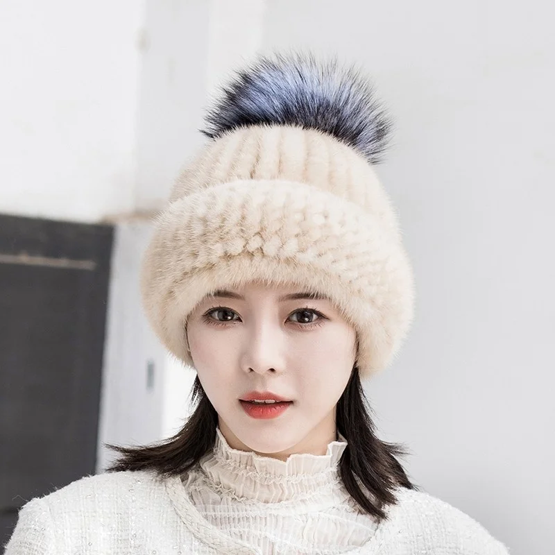 Mink Fur Hat Winter Thickened Ear Protection Cap With Fox Ball Hat Natural Fur Warm Snow Caps Women's Knitted Real Fur Hat