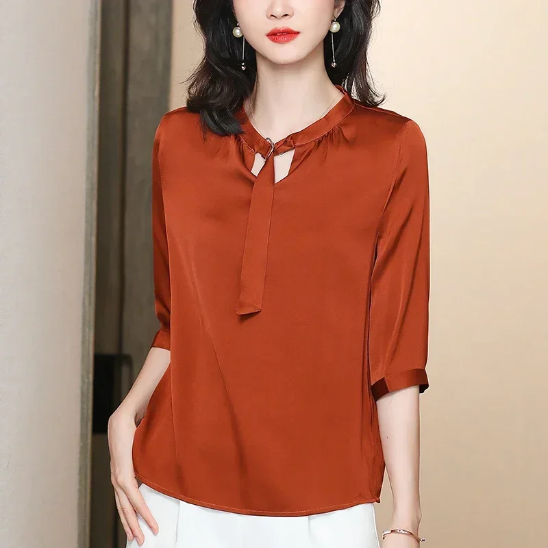 Real Silk Women's Shirts 2024 Summer Elegant Fashion Blouses For Women Solid Tops Office Lady Shirt Three Quarter Sleeve Blouse