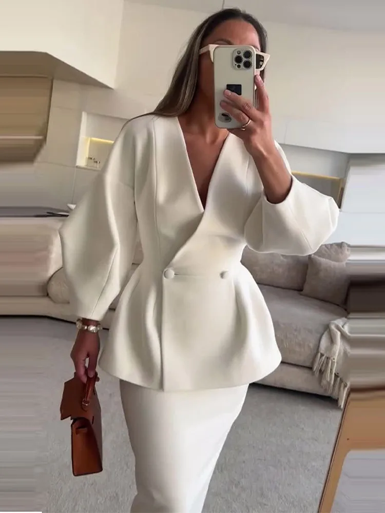 Elegant White Coat Skirt Set V-neck Double Breasted Puff Long Sleeve Blazer Hip Package Fashion Lady Skirt 2 Piece New Outfits