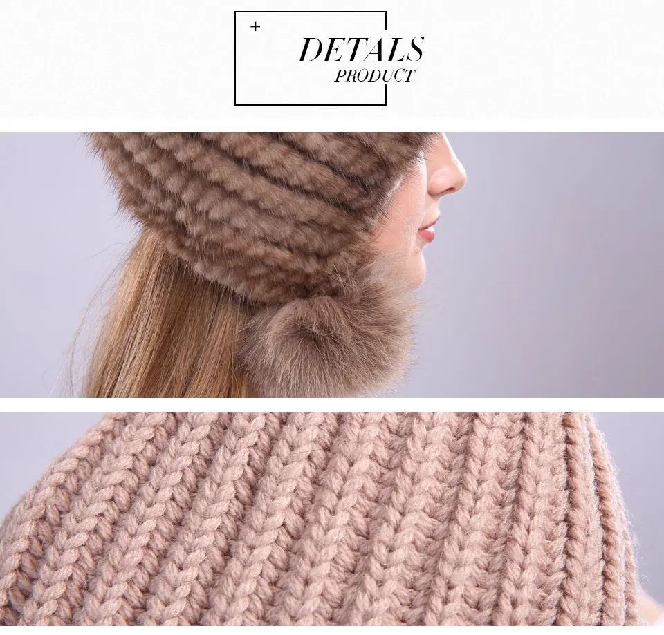 Echte Nerz Pelzmütze mit Fuchspelz Ball Ohrenschützer Schutzkappe Wintermütze für Frauen Russische Trapper Herbstmütze Beanie Herbstmütze – Detail 17