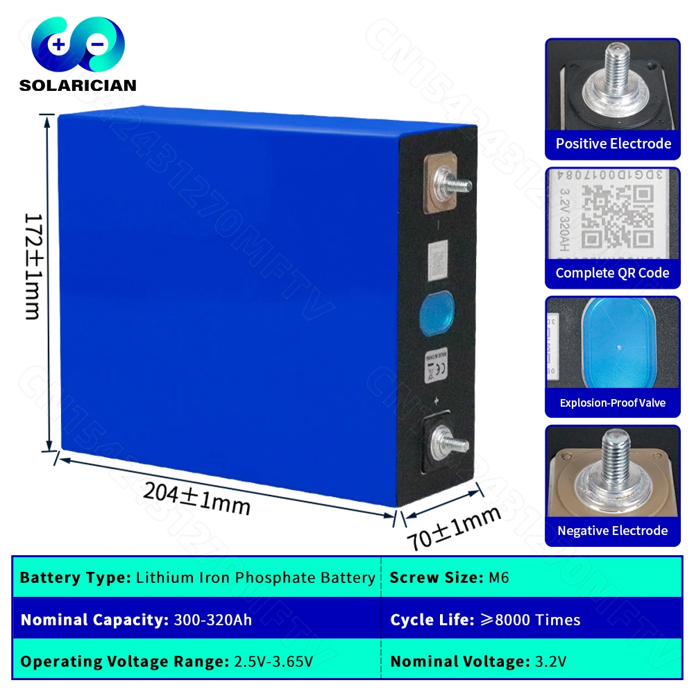 8000 Cycles Grade A 320Ah LiFePO4 Battery 3.2V Lithium Iron Phosphate Rechargeable Cell DIY 12V 24V 48V RV EV Golf Cart Solar