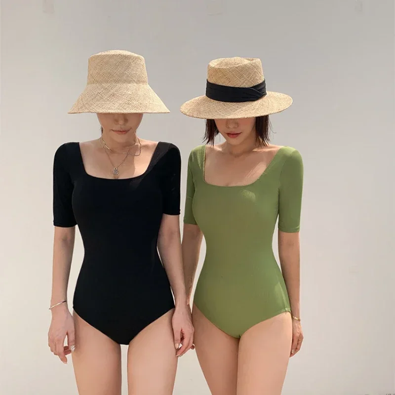 

2024 New Outdoor Swimwear Summer Beach Short Sleeve Open Back One-Piece Swimsuit High Waist Push Up Women's Swimming Clothes