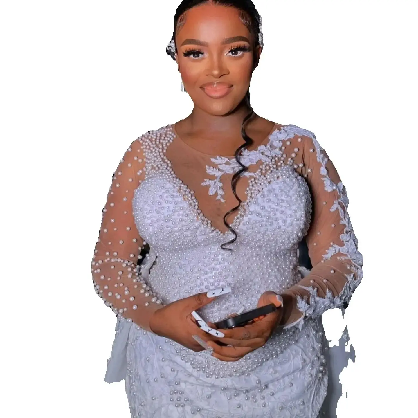 

Customized Modest Shinny Handwork Pearls Appliques Mermaid Arabic Aso Ebi Wedding Dress For Bride Long Sleeves Detachable Train