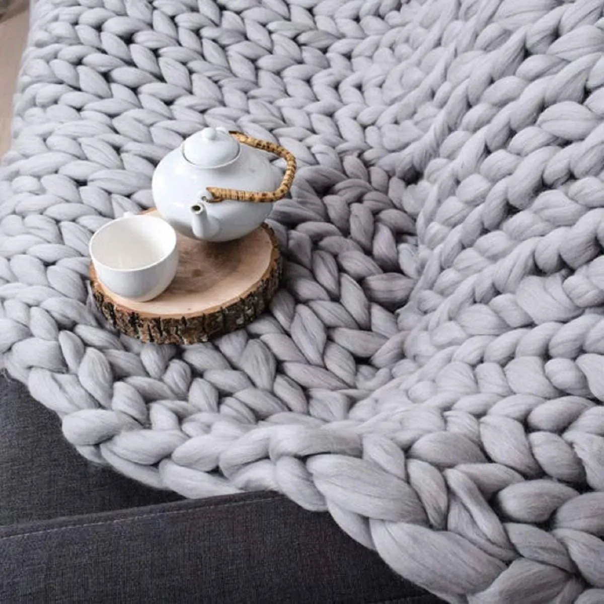 Handmade Chunky Knit Blanket Large Thick Wool Bulky Knitting Throw for Bedroom Decor Pet Bed Chair Mat Rug Grey