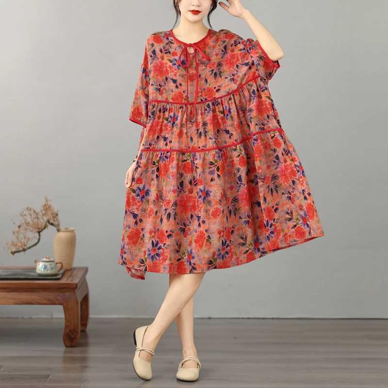 

Летнее хлопково-льняное платье большого размера с принтом, воротником и завязками, свободного кроя, элегантное, стройнящее, универсальное, в художественном стиле, с завышенной талией, А-силуэт