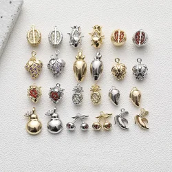 4PCS 14K Gold Plated Fruit Series Zircon Inlaid Durian Watermelon Peach Strawberry Pendant Charms Material Accessories
