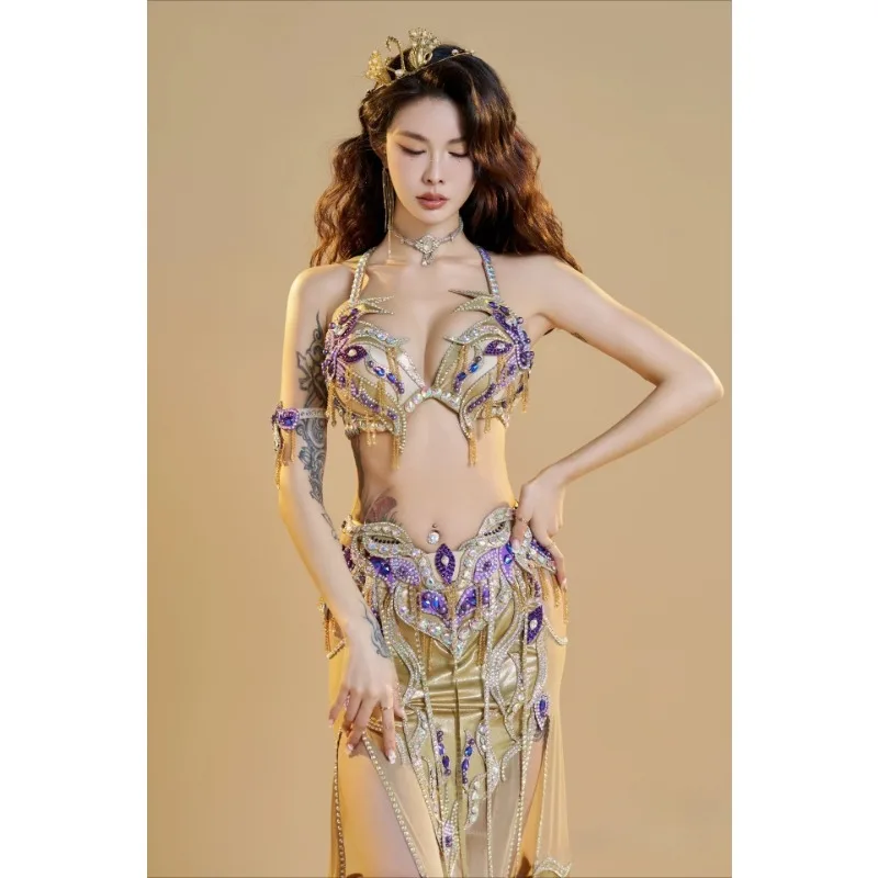 

Платье для танца живота по индивидуальному заказу, женский бюстгальтер для выступлений для взрослых и длинная юбка, одежда для восточного индийского танца, экзотический костюм для танца живота
