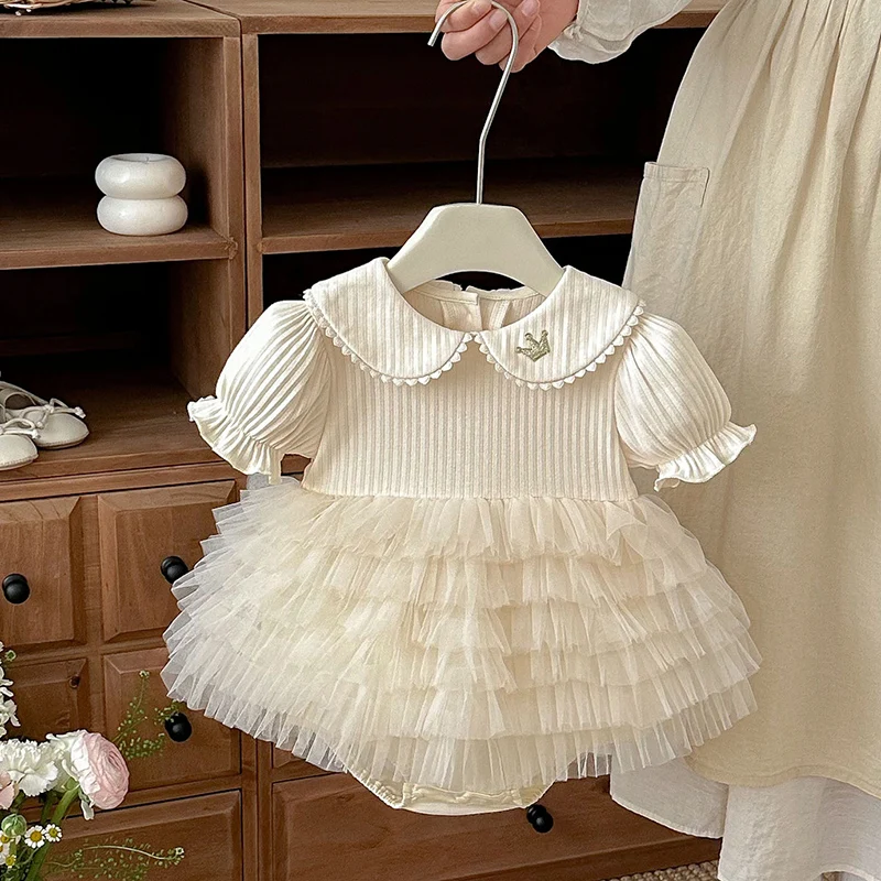 2026 New Summer 0-24M Children Clothes Infant Baby Girls Bodysuits Short Sleeved Cotton Splicing Toddler Baby Girls Jumpsuit