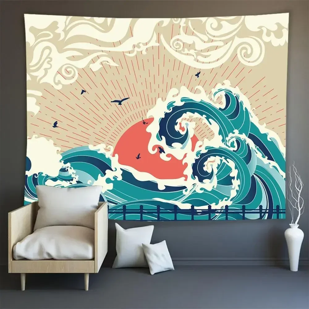 Hot Japanese Kanagawa Waves Printed Hanging Tapestry Whale Elk Wall Hanging Tapestries Boho Bedspread Blanket